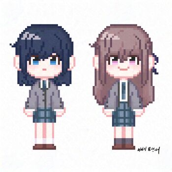 2girls blue_eyes blue_hair braid brown_hair collared_shirt dated highres hiseu24 long_hair miyagi_shiori multiple_girls necktie pixel_art plaid_clothes plaid_skirt sendai_hazuki shirt shoes short_hair shuuniichido_classmate_wo_kau_hanashi signature simple_background skirt socks white_background white_shirt yuri