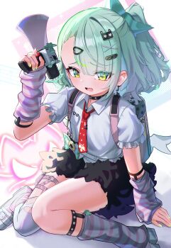 Rule 34 | 1girl, absurdres, angels of delusion, arm warmers, bandaid, bandaid hair ornament, black choker, black skirt, blush, choker, collared shirt, commentary request, earrings, feet out of frame, fur-trimmed skirt, fur trim, green eyes, green hair, hair ornament, heart, heart hair ornament, highres, holding, holding megaphone, jewelry, leg warmers, mayou940114, megaphone, multiple hair clips, multiple thigh straps, musical note earrings, necktie, open mouth, pink arm warmers, pink leg warmers, ponytail, red necktie, shirt, sitting, skirt, solo, striped arm warmers, striped leg warmers, sunna (zenless zone zero), thigh strap, two-tone leg warmers, wariza, white shirt, winged bag, y2k fashion, zenless zone zero