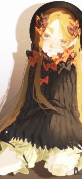 1girl abigail_williams_(fate) abigail_williams_(first_ascension)_(fate) black_dress blonde_hair bloomers blue_eyes debg0423 dress expressionless fate/grand_order fate_(series) hat highres long_hair parted_bangs parted_lips sitting solo underwear very_long_hair white_bloomers