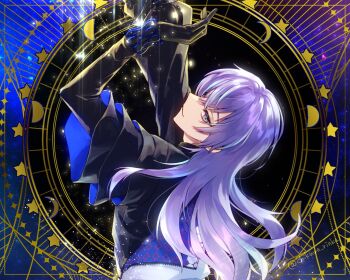 Rule 34 | 1boy, aqua eyes, arms up, asymmetrical sleeves, black background, black gloves, black shirt, blue hair, chikuwa (rinka), collared shirt, from behind, gloves, hair between eyes, hoshirube sho, hoshirube sho (1st costume), jacket, layered sleeves, long hair, long sleeves, looking at viewer, looking back, male focus, moon phases, multicolored hair, nijisanji, profile, puffy long sleeves, puffy sleeves, purple hair, shirt, short over long sleeves, short sleeves, single sleeve, sky, sleeveless, sleeveless jacket, smile, solo, star (sky), star (symbol), starry background, starry sky, streaked hair, upper body, virtual youtuber, white jacket