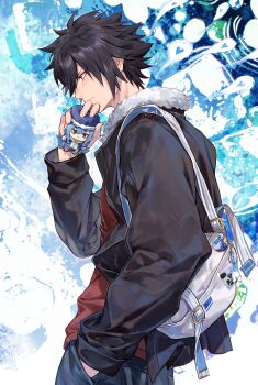 Rule 34 | 1boy, artist name, badge, bag, black hair, black jacket, button badge, character doll, closed mouth, cowboy shot, dated, denim, doll, fairy tail, from side, gray fullbuster, hand in pocket, heart, highres, holding, holding doll, jacket, jeans, juvia lockser, long sleeves, male focus, open clothes, open jacket, pants, profile, red shirt, shirt, short hair, shoulder bag, solo, spiked hair, white bag, white fur, xuchuan