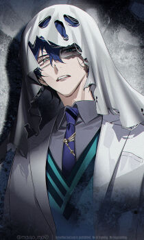 1boy aqua_eyes aqua_vest blue_hair blue_necktie collared_shirt commentary_request ghost_costume glasses grey_shirt hair_between_eyes halloween_costume highres jacket jewelry leos_vincent leos_vincent_(1st_costume) long_sleeves looking_at_viewer male_focus manomenou necklace necktie nijisanji open_mouth parted_lips shirt short_hair solo teeth twitter_username upper_body upper_teeth_only veil vest virtual_youtuber watermark white_jacket