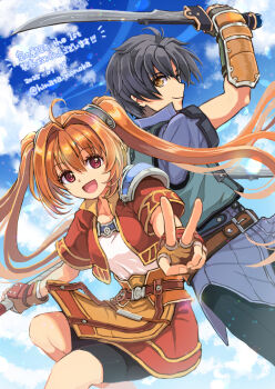 ahoge antenna_hair arm_guards armor back-to-back bike_shorts bike_shorts_under_skirt black_gloves blue_sky bo_staff brown_gloves closed_mouth cloud collarbone cropped_jacket dated eiyuu_densetsu estelle_bright fingerless_gloves floating_hair gloves hair_intakes highres hinata_nonoka holding holding_staff holding_sword holding_weapon joshua_bright long_hair looking_at_viewer mullet open_mouth parted_bangs pauldrons short_sleeves shorts shorts_under_skirt shoulder_armor single_pauldron sky smile sora_no_kiseki staff sword twintails twitter_username upper_body v weapon