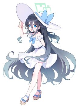 1girl :d absurdres alternate_costume alternate_hairstyle aris_(blue_archive) arm_behind_back belt black_belt black_hair blue_archive blue_bow blue_bowtie blue_eyes blush bow bowtie braid brown_sandals brown_scrunchie collarbone commentary_request double-parted_bangs dress footwear_bow frilled_dress frills full_body gradient_hair green_halo grey_hair hair_between_eyes half_up_half_down_braid halo hand_on_headwear hat hat_bow high_heel_sandals highres koroyarou leaning_forward long_bangs long_hair long_hair_between_eyes long_sidelocks looking_at_viewer multicolored_hair off-shoulder_dress off_shoulder open_mouth platform_sandals rectangular_halo sandals scrunchie sidelocks simple_background single_bare_shoulder smile solo standing sun_hat sundress toes very_long_hair white_background white_dress white_hat wrist_scrunchie