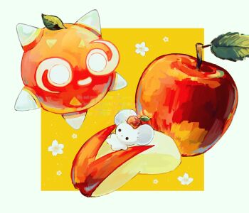 apple black_eyes commentary food fruit gen_7_pokemon highres leaf minior minior_(core) minior_(red_core) mouse_(animal) nintendo no_humans pokemon pokemon_(creature) pokemon_focus su_(sajo_su5) tandemaus untranslatable_commentary white_background white_eyes yellow_eyes