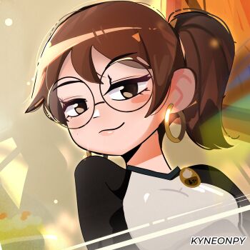 Rule 34 | 1girl, absurdres, artist name, black-framed eyewear, breasts, brown eyes, brown hair, closed mouth, commission, earrings, glasses, highres, hoop earrings, jewelry, julie powers, kyneonpy, looking at viewer, ponytail, raglan sleeves, round eyewear, scott pilgrim (series), shirt, short hair, short ponytail, sidelocks, small breasts, smile, solo, t-shirt, upper body, white shirt