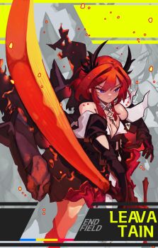 1girl absurdres arknights arknights:_endfield bendit black_dress black_horns demon_horns detached_collar dress gloves hair_between_eyes highres holding holding_sword holding_weapon horns laevatain_(arknights) looking_to_the_side purple_eyes red_hair solo surtr_(arknights) sword weapon