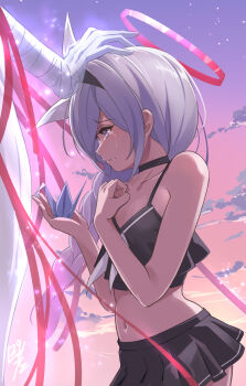 1boy 1girl bandaged_arm bandages bikini black_bikini black_skirt blue_archive blue_eyes braid breasts choker commentary_request crying ghost grey_hair hairband halo headpat highres long_hair navel neckerchief nikulas_cage open_mouth origami paper_crane phrenapates_(blue_archive) plana_(blue_archive) red_halo red_pupils see-through_body skirt small_breasts swimsuit tearing_up white_neckerchief