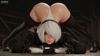1girl 3d artist_name ass auxtasy bent_over blue_eyes boots flexible hair_over_one_eye hairband high_heel_boots high_heels huge_ass jack-o'_challenge juliet_sleeves leotard long_sleeves looking_at_viewer meme mole mole_under_mouth nier_(series) nier:automata parody puffy_sleeves short_hair smile thick_thighs thigh_boots thighhighs thighs top-down_bottom-up white_hair 2b_(nier:automata)