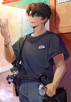 1boy biyoo_(omniscient_reader&#039;s_viewpoint) black_eyes black_hair black_shirt bracelet character_charm character_pin charm_(object) crew_neck curtained_hair denim hair_between_eyes han_sooyoung hand_up highres holding holding_umbrella jeans jewelry kim_dokja male_focus omniscient_reader&#039;s_viewpoint outdoors pants phone rain saihachi06 shirt short_hair smile solo t-shirt umbrella yoo_joonghyuk