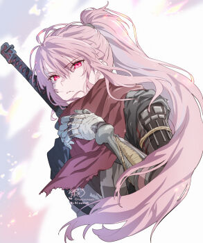 1girl cosplay cropped_torso hashtag-only_commentary highres hololive hololive_english kamiya_maneki long_hair mechanical_arms mori_calliope pink_eyes pink_hair ponytail red_scarf scarf sekiro sekiro:_shadows_die_twice sekiro_(cosplay) signature single_mechanical_arm solo sword sword_on_back twitter_username virtual_youtuber weapon weapon_on_back