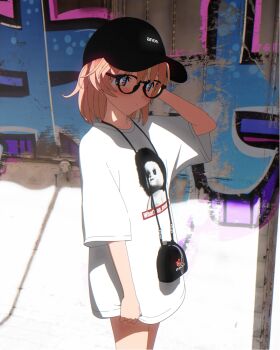 +_+ 1girl 3d alternate_hairstyle arm_at_side arm_behind_head baseball_cap black-framed_eyewear black_bag black_hat blender_(medium) blonde_hair blush bright_pupils cel_rendering cel_shading closed_mouth clothes_writing commentary_request cowboy_shot day dot_mouth dot_nose english_text expressionless glasses graffiti hand_up hat highres looking_at_viewer multicolored_eyes multicolored_hair no_pants orange_hair outdoors pink_eyes print_shirt purple_eyes rinne_(rinrinne) rinrinne rinrinne39_(artist) shirt short_hair short_sleeves solo standing streaked_hair t-shirt virtual_youtuber wall white_pupils white_shirt