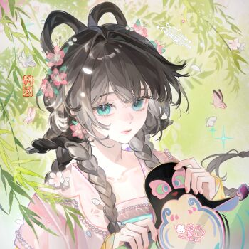 1girl absurdres aqua_eyes blunt_bangs braid branch brown_hair bug butterfly chinese_clothes closed_mouth collarbone commission earrings eyelashes falling_petals fingernails flower flower_earrings gem guodong_buguoqiu hair_flower hair_intakes hair_ornament hanfu highres holding_kite insect jewelry kite leaf lips long_hair long_sleeves looking_at_viewer nail_polish original pearl_(gemstone) petals pink_butterfly pink_lips pink_nails sidelocks single_earring solo square upper_body watermark white_flower white_petals