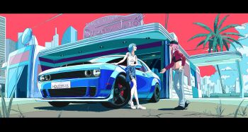 2girls absurdres alternate_costume black_hat black_shoes blue_hair city clothes_around_waist crop_top cropped_jacket denim diner hat highres hololive hololive_english hoshimachi_suisei jacket jacket_around_waist jeans letterboxed mori_calliope multiple_girls nasu_(nasu8901) navel palm_tree pants pink_hair red_eyes red_sky shoes sky tree virtual_youtuber white_shoes wide_shot