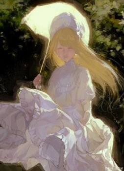 Rule 34 | 1girl, blonde hair, blush, closed eyes, dress, hat, highres, long hair, looking at viewer, original, parted lips, seapall, smile, solo, umbrella, watermark, weibo watermark, white dress, white hat, white umbrella