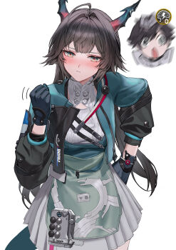 Rule 34 | 1boy, 1girl, absurdres, ahoge, aqua jacket, arknights, arknights: endfield, black gloves, black hair, blush, chen qianyu (arknights), clenched hand, commentary, double-parted bangs, dragon girl, dragon horns, eastern dragon horns, endministrator (arknights), english commentary, gameplay mechanics, gloves, grey eyes, grey shirt, grey skirt, hair intakes, hand on own hip, highres, horns, jacket, long sleeves, male endministrator (arknights), molyb, multicolored horns, open clothes, open jacket, pleated skirt, shirt, simple background, skirt, slit pupils, twintails, two-tone horns, white background