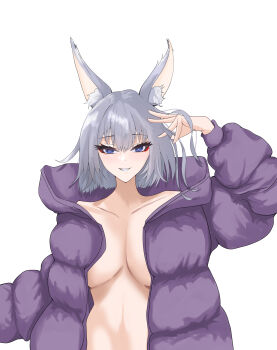 absurdres animal_ears azur_lane blue_eyes breasts coat commentary_request covered_erect_nipples fox_ears fox_girl highres kaga_(azur_lane) large_breasts looking_at_viewer nude uuu10aimuuu white_hair winter_clothes winter_coat