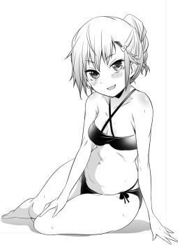 1girl arai_kazuki blush bokutachi_wa_benkyou_ga_dekinai braid braided_ponytail breasts cleavage collarbone feet highres kominami_asumi legs medium_hair monochrome navel ponytail simple_background sitting small_breasts solo stomach thighs toes white_background