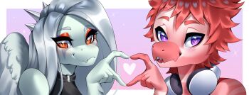 1boy 1other absurdres blush choker colored_skin commentary commission dinosaur_boy english_commentary eyeshadow fang fang_(goodbye_volcano_high) feathered_wings furry furry_male goodbye_volcano_high gradient_background grey_hair grey_skin headphones headphones_around_neck heart heart_hands heart_hands_duo highres incredibly_absurdres long_hair makeup mayrin monster_boy o-ring o-ring_choker orange_eyes orange_eyeshadow outline portrait pterosaur purple_eyes red_hair red_skin reed_(goodbye_volcano_high) reptile_boy second-party_source short_hair skin_fang smile sparkle velociraptor white_outline wings