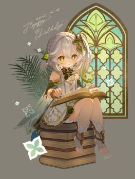 1girl absurdres bare_shoulders blush book book_on_lap book_stack camunekoz cape commentary_request dated detached_sleeves dress fingernails full_body genshin_impact gold_trim gradient_hair green_cape green_eyes green_hair green_sleeves hair_between_eyes hair_ornament happy_birthday highres leaf_hair_ornament long_hair looking_at_viewer multicolored_hair nahida_(genshin_impact) parted_lips pointy_ears side_ponytail signature sitting sleeveless sleeveless_dress solo stirrup_legwear symbol-shaped_pupils toeless_legwear toes white_dress white_hair