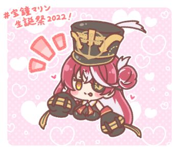 Rule 34 | 1girl, ;p, black hat, black jacket, blush stickers, breasts, chibi, commentary request, cropped torso, eyepatch, hair bun, hat, heart, heart-shaped pupils, heart background, highres, hololive, houshou marine, houshou marine (marching band), jacket, large breasts, long hair, long sleeves, mitarashi neko, multicolored hair, notice lines, one eye closed, pink background, polka dot, polka dot background, puffy long sleeves, puffy sleeves, red hair, see-through cleavage, see-through clothes, shako cap, single side bun, sleeves past fingers, sleeves past wrists, solo, streaked hair, symbol-shaped pupils, tongue, tongue out, translation request, upper body, virtual youtuber, white hair, yellow eyes