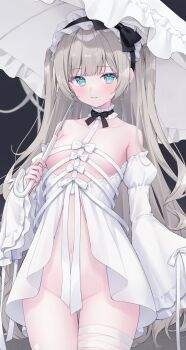 1girl bandaged_leg bandages bare_shoulders black_background black_choker blue_eyes breasts center_opening choker closed_mouth cowboy_shot cross-shaped_pupils detached_sleeves dress frilled_choker frills grey_hair headdress highres holding holding_umbrella long_hair long_sleeves looking_at_viewer navel no_panties original revealing_clothes shano_hiyori short_dress simple_background small_breasts smile solo symbol-shaped_pupils two_side_up umbrella very_long_hair white_dress white_umbrella