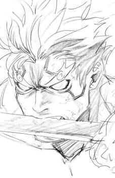 Rule 34 | 1boy, asura's wrath, asura (asura's wrath), capcom, facial mark, facial tattoo, short hair, sketch, solo, sword, sword in mouth, tattoo, thick eyebrows, weapon, white eyes, yuiofire