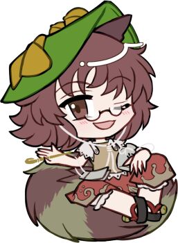 1girl :d ;d animal_ears bell black_sandals bloomers blush brown-framed_eyewear brown_eyes brown_hair brown_shirt brown_skirt chibi chibi_only full_body futatsuiwa_mamizou glasses green_hat hand_up hat holding holding_smoking_pipe jingle_bell leaf leaf_on_head looking_at_viewer mirei_(miirei) okobo one_eye_closed open_mouth pince-nez platform_sandals raccoon_ears raccoon_girl raccoon_tail sandals semi-rimless_eyewear shirt short_hair short_sleeves simple_background sitting sitting_on_own_tail skirt smile smoking_pipe solo tail touhou transparent_background under-rim_eyewear underwear white_bloomers