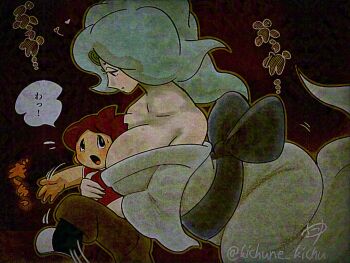 1boy 1girl amano_keita bare_shoulders breasts brown_hair collarbone curvy en&#039;enra enraenra_(youkai_watch) half-closed_eyes huge_breasts japanese_clothes kimono long_hair open_mouth red_shirt shirt short_hair speech_bubble traditional_youkai twitter_username youkai_(youkai_watch) youkai_watch