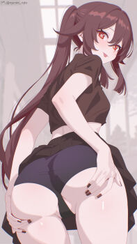 1girl absurdres artist_name ass black_nails black_panties black_shirt black_skirt blush breasts brown_hair flower flower-shaped_pupils from_behind genshin_impact highres hu_tao_(genshin_impact) long_hair looking_at_viewer neurotic_neko paid_reward_available panties plum_blossoms red_eyes shirt skirt small_breasts smile solo spread_ass symbol-shaped_pupils tongue tongue_out twintails underwear