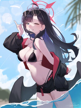 Rule 34 | 1girl, ;d, absurdres, bikini, black bikini, black hair, black jacket, black shorts, black wings, blue archive, blue eyes, blue sky, breasts, clothes down, commentary request, cowboy shot, day, gigi20040323, grin, halo, hand up, highres, ichika (blue archive), ichika (swimsuit) (blue archive), index finger raised, jacket, long hair, low wings, medium breasts, navel, official alternate costume, one eye closed, open mouth, outdoors, red bikini, red halo, short hair, shorts, sky, smile, solo, swimsuit, wading, water, wings