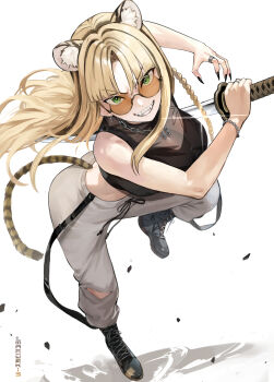 1girl animal_ear_fluff animal_ears black_boots black_hair black_shirt black_tank_top blonde_hair boots braid breasts chain chain_necklace commentary_request curtained_hair fangs fighting_stance full_body green_eyes grey_pants grin highres holding holding_weapon hololive hololive_dev_is jewelry kemonomimi_mode koganei_niko lace-up_boots large_breasts long_hair looking_at_viewer maro2ki3 multicolored_hair necklace orange-tinted_eyewear pants round_eyewear see-through_clothes see-through_shirt shirt side_braid simple_background sleeveless sleeveless_shirt slit_pupils smile solo streaked_hair sunglasses sweatpants tail tank_top teeth tiger_ears tiger_girl tiger_tail tinted_eyewear torn_clothes torn_pants virtual_youtuber weapon white_background