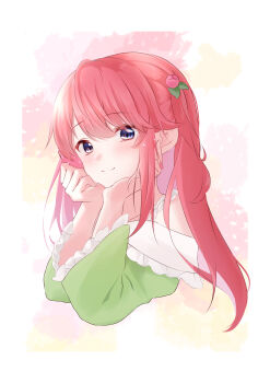 1girl absurdres blue_eyes blush closed_mouth cropped_torso dress flower frills green_dress hair_flower hair_ornament hands_on_own_cheeks hands_on_own_face head_rest highres long_hair long_sleeves looking_at_viewer off_shoulder pink_hair purple_eyes rain_re_a re:zero_kara_hajimeru_isekai_seikatsu smile solo theresia_van_astrea upper_body