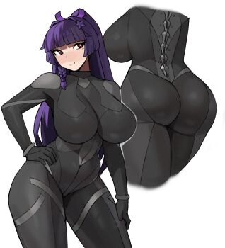 1girl absurdres ass back backboob blush bodysuit braid breasts cameltoe cropped_legs donburi_(donburikazoku) hair_ornament hair_tie hand_on_own_hip hand_on_own_leg head_tilt high_ponytail highres large_breasts light_smile long_hair mechanical_spine mole mole_under_eye multiple_views ponytail purple_hair red_eyes side_braid skin_tight solo star_(symbol) star_hair_ornament tatakau_ni_atai_suru yamaguchi_ryoko