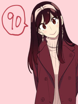 Rule 34 | 1girl, :>, absurdres, arms behind back, black hair, closed mouth, coat, commentary request, earrings, endou tatsuya, gold earrings, hairband, head tilt, highres, jewelry, light blush, long hair, looking at viewer, official alternate costume, official alternate hairstyle, open clothes, open coat, pink background, pink hairband, pink lips, pink sweater, purple coat, red eyes, ribbed sweater, sidelocks, smile, solo, speech bubble, spy x family, sweater, turtleneck, turtleneck sweater, upper body, yor briar
