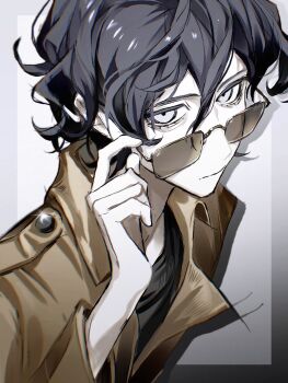 Rule 34 | 1boy, absurdres, adjusting eyewear, black hair, black shirt, brown jacket, chromatic aberration, closed mouth, commentary, expressionless, film grain, glint, grey background, highres, jacket, long sleeves, male focus, pale skin, rectangular eyewear, saibou shinkyoku, shirt, short hair, solo, sunglasses, symbol-only commentary, upper body, utsugi noriyuki, voltmeter f, white eyes