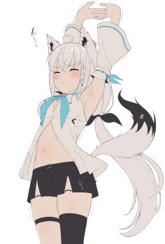Rule 34 | 1girl, absurdres, ahoge, animal ear fluff, animal ears, anime coloring, black shorts, black thighhighs, blue neckerchief, blush, braid, breasts, closed eyes, closed mouth, commentary request, detached sleeves, fox ears, fox girl, fox tail, front slit, hair between eyes, highres, hololive, long hair, medium breasts, navel, neckerchief, norigure18, shirakami fubuki, shirakami fubuki (1st costume), shorts, sidelocks, simple background, single braid, single thighhigh, solo, stretching, tail, thighhighs, virtual youtuber, white background, white hair, white sleeves