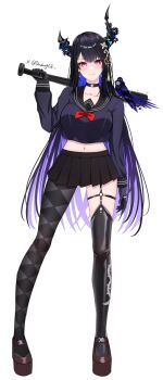 Rule 34 | 1girl, alternate costume, animal, animal on shoulder, argyle clothes, argyle pantyhose, asymmetrical horns, bird, bird on shoulder, black choker, black gloves, black hair, black sailor collar, black skirt, blue hair, blush, bow, bowtie, breasts, choker, closed mouth, colored inner hair, crop top, dadangge, delinquent, demon horns, full body, gloves, highres, hololive, hololive english, horns, large breasts, long hair, looking at viewer, midriff, miniskirt, multicolored hair, navel, nerissa ravencroft, o-ring, o-ring thigh strap, pleated skirt, purple eyes, purple hair, red bow, red bowtie, sailor collar, school uniform, serafuku, shadow (nerissa ravencroft), shoes, simple background, single leg pantyhose, single thighhigh, skirt, slit pupils, smile, solo, standing, stomach, thigh strap, thighhighs, uneven horns, very long hair, virtual youtuber, white background