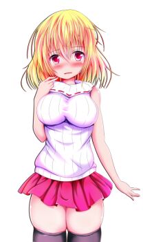 1girl amyi black_thighhighs blonde_hair blush bob_cut breasts cowboy_shot embarrassed full-face_blush game_cg hair_between_eyes hand_up koucha_rakkyo large_breasts large_variant_set medium_hair miniskirt non-web_source open_mouth pleated_skirt red_eyes red_skirt sabrina_to_muryoku_na_tamashii sidelocks simple_background skirt sleeveless sleeveless_sweater solo standing sweater tachi-e thighhighs thighs transparent_background turtleneck turtleneck_sweater variant_set wavy_mouth white_sweater