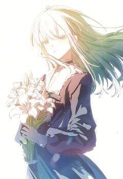 Rule 34 | 1girl, bang dream!, bang dream! it's mygo!!!!!, black choker, blue dress, bright background, choker, dress, flower, frilled choker, frills, green eyes, hashtag-only commentary, highres, holding, holding flower, long hair, long sleeves, lv refrain, simple background, solo, upper body, wakaba mutsumi, white background, yellow eyes