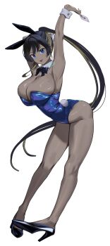 1girl absurdres animal_ear_hairband animal_ears arched_back arm_behind_head armpits arms_up bare_legs bare_shoulders black_hair blonde_hair blue_eyes blue_leotard blush bow bowtie breasts card cleavage collar colored_inner_hair commentary dark-skinned_female dark_skin detached_collar fake_animal_ears fake_tail fujisaki_subaru full_body goddess_of_victory:_nikke hair_between_eyes hairband highres holding holding_card large_breasts legs leotard long_hair looking_at_viewer mole mole_on_breast multicolored_hair noise_(nikke) playboy_bunny playing_card ponytail rabbit_ear_hairband rabbit_ears rabbit_tail simple_background skindentation smile solo strapless strapless_leotard tail thighs tongue tongue_out traditional_bowtie two-tone_hair very_long_hair white_background white_collar