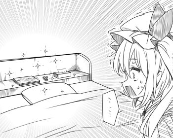 1girl bed book book_stack bow censored clean egg_vibrator flandre_scarlet greyscale hat hat_bow highres indoors long_sleeves manga_(object) monochrome mosaic_censoring nachikarasu nervous_sweating open_mouth pillow sex_toy side_ponytail solo sweat tissue_box touhou vibrator