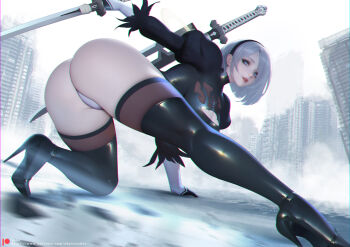 1girl 2b_(nier:automata) ass black_gloves black_hairband blindfold blue_eyes boots feather-trimmed_sleeves feather_trim gloves hairband high_heels nier:automata nier_(series) no_blindfold paid_reward_available puffy_sleeves sade_abyss short_hair smile solo sword thighhighs thighhighs_under_boots virtuous_contract virtuous_treaty weapon white_hair