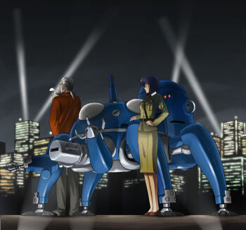 1boy 1girl archived_source artificial_eye bad_link batou_(gits) belt bob_cut breast_pocket brown_belt brown_shoes bug cheekbones cigarette city_lights cityscape claws collared_jacket collared_shirt cyberpunk cyborg dress_pants expressionless from_behind ghost_in_the_shell ghost_in_the_shell:_stand_alone_complex green_jacket green_skirt green_sleeves grey_pants grey_shoes grey_sky hand_on_own_hip high_collar high_heels holding holding_cigarette jacket kusanagi_motoko lapels legs_together long_sleeves looking_at_another low_ponytail mature_male mecha mechanical_eye medium_hair medium_skirt military_dress_uniform military_jacket military_uniform military_vehicle motor_vehicle nagian necktie night night_sky non-humanoid_robot notched_lapels outdoors pants pencil_skirt pocket ponytail popped_collar profile pumps purple_hair red_jacket red_necktie red_sleeves robot sam_browne_belt shirt shoes short_ponytail skirt skirt_set sky smoking spider stage_lights standing tachikoma tall_male tank undershirt walker_(robot) white_hair white_shirt