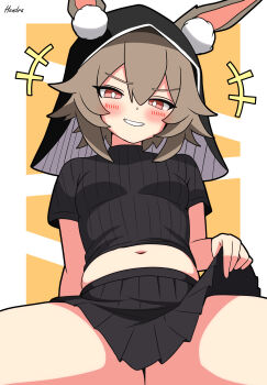 +++ 1girl absurdres animal_ears arknights black_skirt breasts brown_hair caper_(arknights) clothes_lift hendra highres looking_at_viewer medium_breasts navel rabbit_ears skirt smile solo