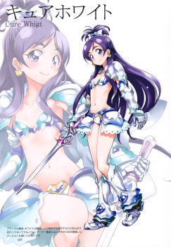 1girl armor armored_boots bikini bikini_armor bikini_skirt boots cure_white detached_sleeves earrings futari_wa_precure futari_wa_precure_max_heart heart heart_earrings highres jewelry knee_boots kurose_kousuke long_hair magical_girl navel precure purple_eyes purple_hair swimsuit sword weapon white_bikini white_boots yukishiro_honoka zoom_layer