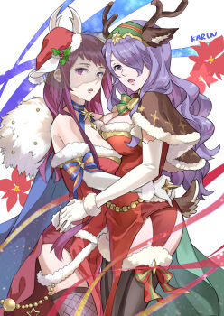 2girls :d :o absurdres animal_ears artist_name asymmetrical_docking black_thighhighs breast_press breasts brown_capelet camilla_(fire_emblem) camilla_(flurry_embrace)_(fire_emblem) capelet commentary_request deer_ears deer_tail dress fake_animal_ears fake_antlers fake_tail fire_emblem fire_emblem_engage fire_emblem_fates fire_emblem_heroes from_side gloves hair_over_one_eye hat highres hug ivy_(fire_emblem) ivy_(flurry_embrace)_(fire_emblem) karrincorrin long_hair looking_at_viewer multiple_girls nintendo official_alternate_costume open_mouth purple_eyes purple_hair red_dress red_hat santa_costume santa_dress santa_hat short_dress smile tail thighhighs white_gloves
