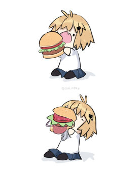 1girl ahoge arcueid_brunestud black_pantyhose blonde_hair burger chibi coti_neko eating fang food hair_ornament highres holding holding_food jewelry mob_face necklace open_mouth pantyhose short_hair skin_fang sweater tsukihime tsukihime_(remake) turtleneck turtleneck_sweater white_sweater