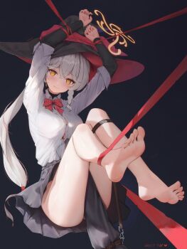 1girl barefoot black_background black_skirt blue_archive bow bowtie breasts collared_shirt eiyuo eri_(blue_archive) full_body hat highres large_breasts long_hair red_bow restrained school_uniform shirt skirt solo thighs very_long_hair white_hair white_shirt witch_hat yellow_eyes