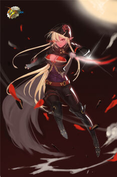 1girl assassin belt belt_boots black_boots black_thighhighs blonde_hair bodystocking boots braid breasts cape cleavage cloak dark-skinned_female dark_skin dual_wielding dungeon_and_fighter earrings elf floral_print full_body gloves glowing glowing_eye highres holding holding_knife holding_weapon hood hooded_cloak jewelry knee_boots knife large_breasts leather leather_boots long_hair moon pointy_ears red_eyes rose_print shadow_dancer_(dungeon_and_fighter) simple_background solo thief_(dungeon_and_fighter) thigh_boots thigh_strap thighhighs torn_cape torn_clothes turtleneck very_long_hair weapon weapon_in_garters